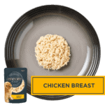 Isolated aerial image of a plate of Encore chicken dog food jelly
