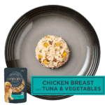 Isolated aerial image of a plate of Encore chicken with tuna dog food jelly