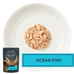Isolated aerial image of Encore ocean fish cat food on a plate