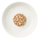 Aerial image of Sardine and mackerel cat food in broth on a plate
