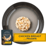 Isolated aerial image of Encore chicken and prawn cat food on a tray