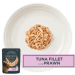 Isolated aerial image of Encore tuna with prawn cat food in broth on plate