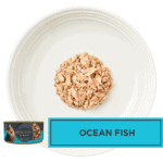 Isolated aerial image of a plate of Encore ocean fish cat food on a plate