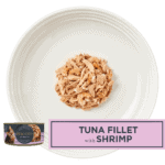 Isolated aerial image of a plate of Encore tuna with shrimp cat food in broth on a plate