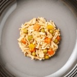 Aerial image of a plate of Encore chicken in broth dog food with vegetables