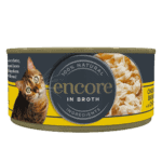 Close up of Encore cat food tin in broth