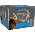 Box containing 12 tins of Encore fish cat food in broth finest selection