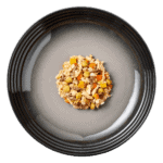 Isolated aerial image of a plate of Encore chicken in broth dog food with tuna & vegetables