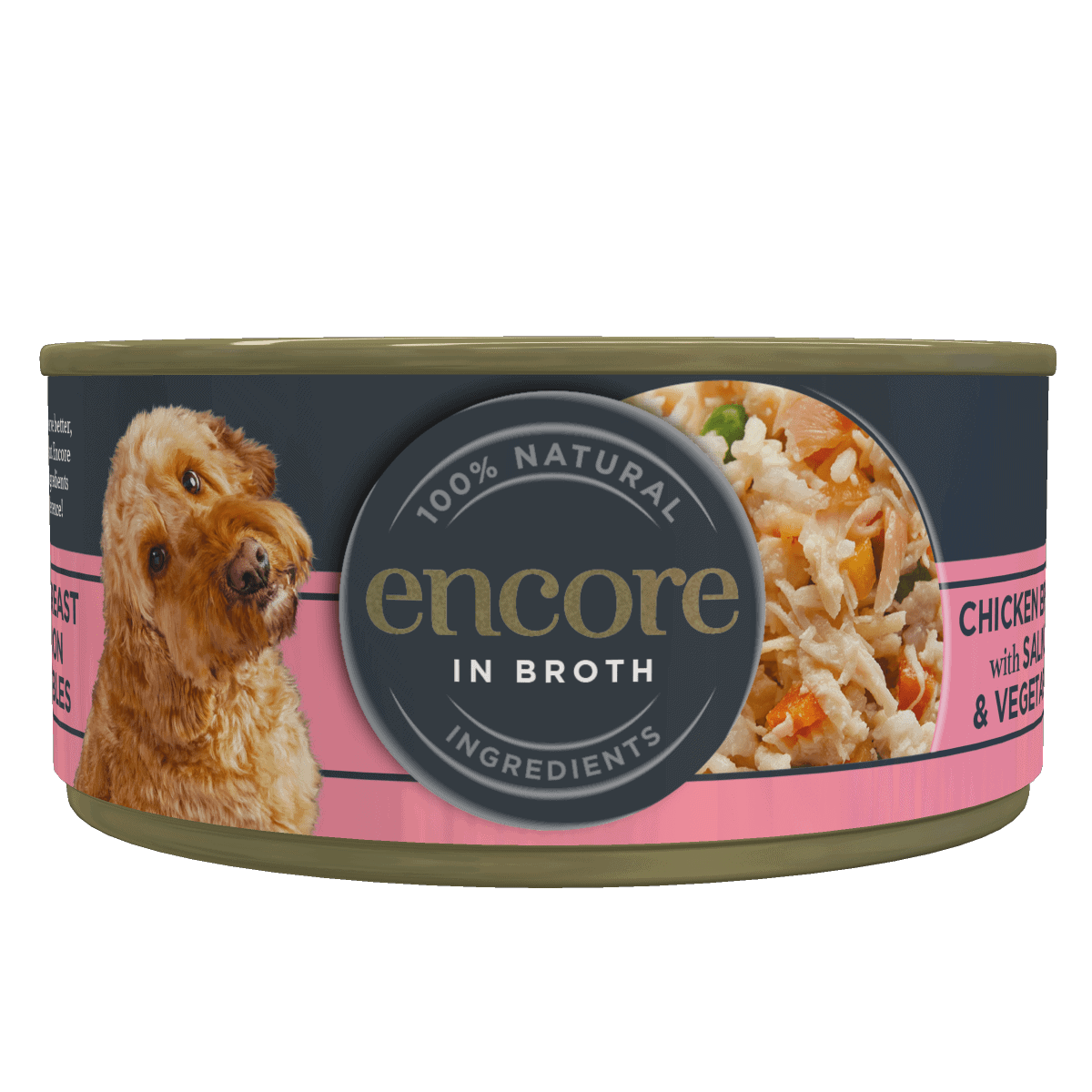 Encore chicken in broth dog food with salmon & vegetables tin