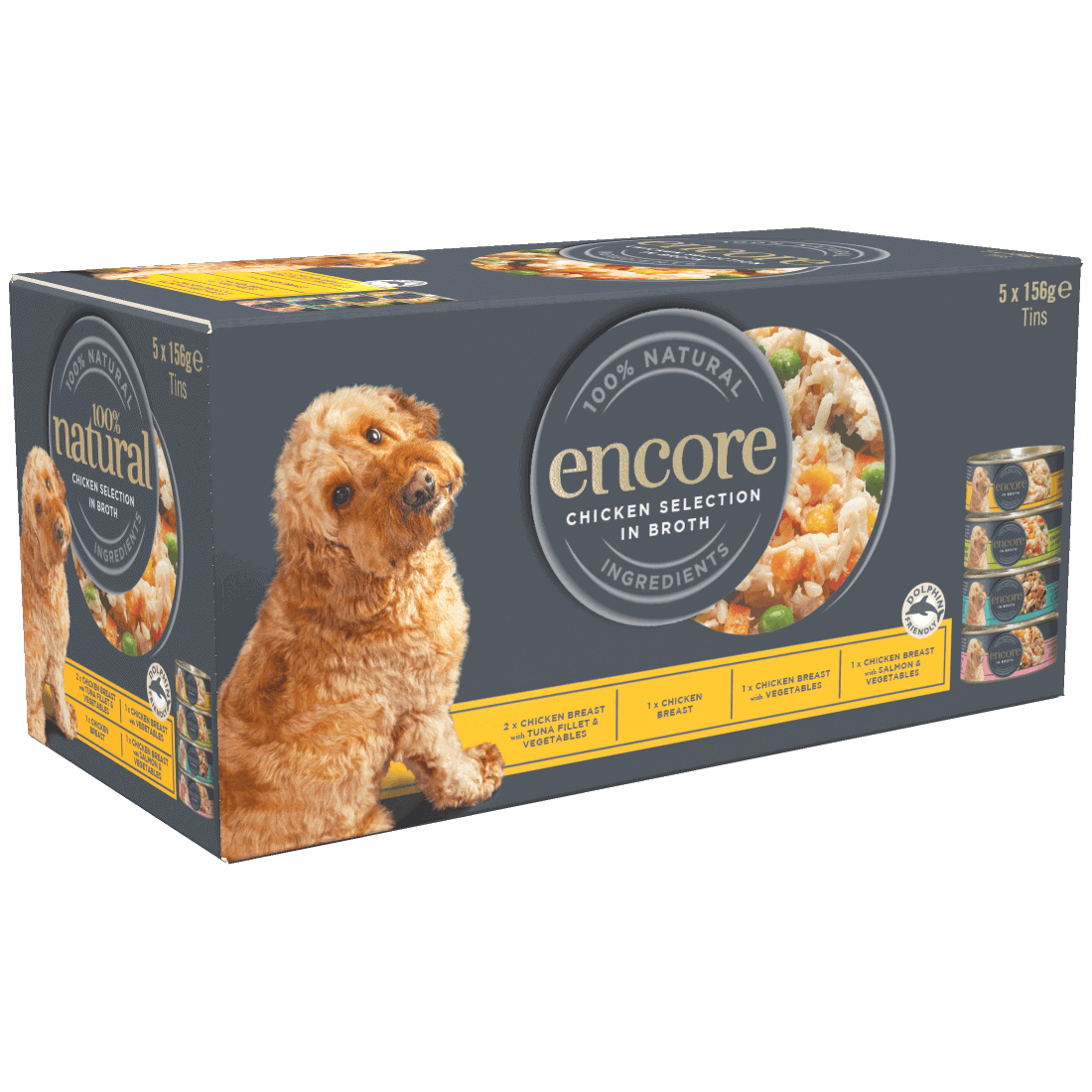 Box of 5 Encore finest selection chicken in broth dog food in tins