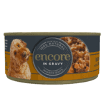 Close up of an Encore dog food in gravy tin