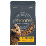 Close up of a pouch of chicken dry cat food