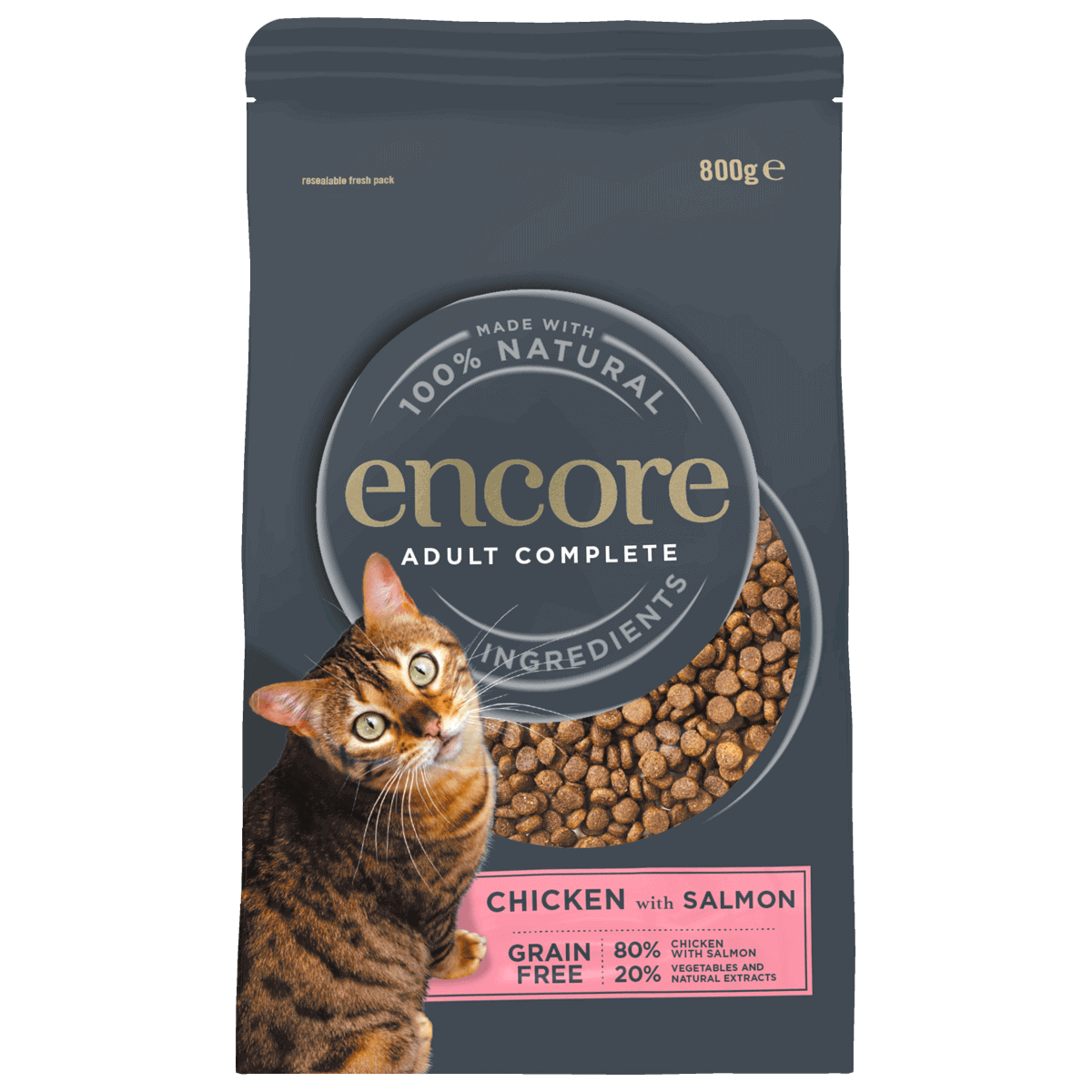 Close up of a pouch of Encore Chicken & Salmon dry cat food