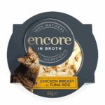 Close up of Encore chicken breast with tuna cat food in broth pot