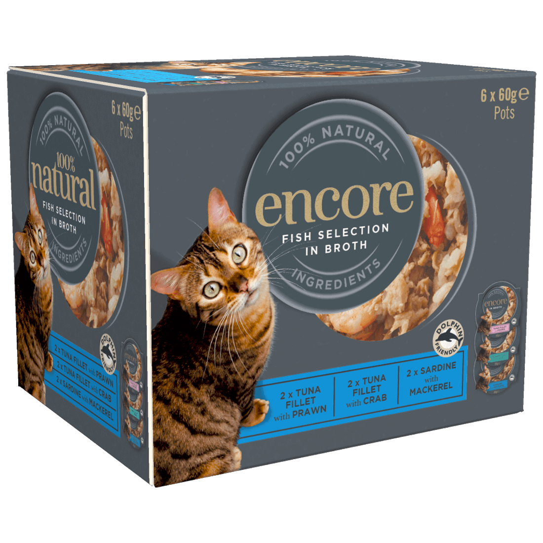 Close up of a box of Encore fish cat food in broth selection