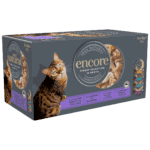 Close up of a box of Encore cat food in broth finest selection
