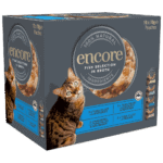 Close up of a box of Encore finest selection of fish cat food in broth