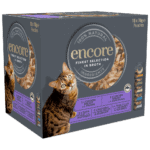 Close up of a box of Encore finest selection cat food pouches