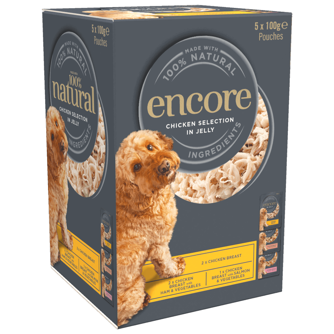 Box of 5 tins of Encore chicken dog food in jelly selection