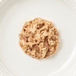 Close up aerial image of Encore sardine cat food with tuna on a plate