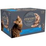 Close up Box of 6 finest selection Encore fish cat food in broth pouches